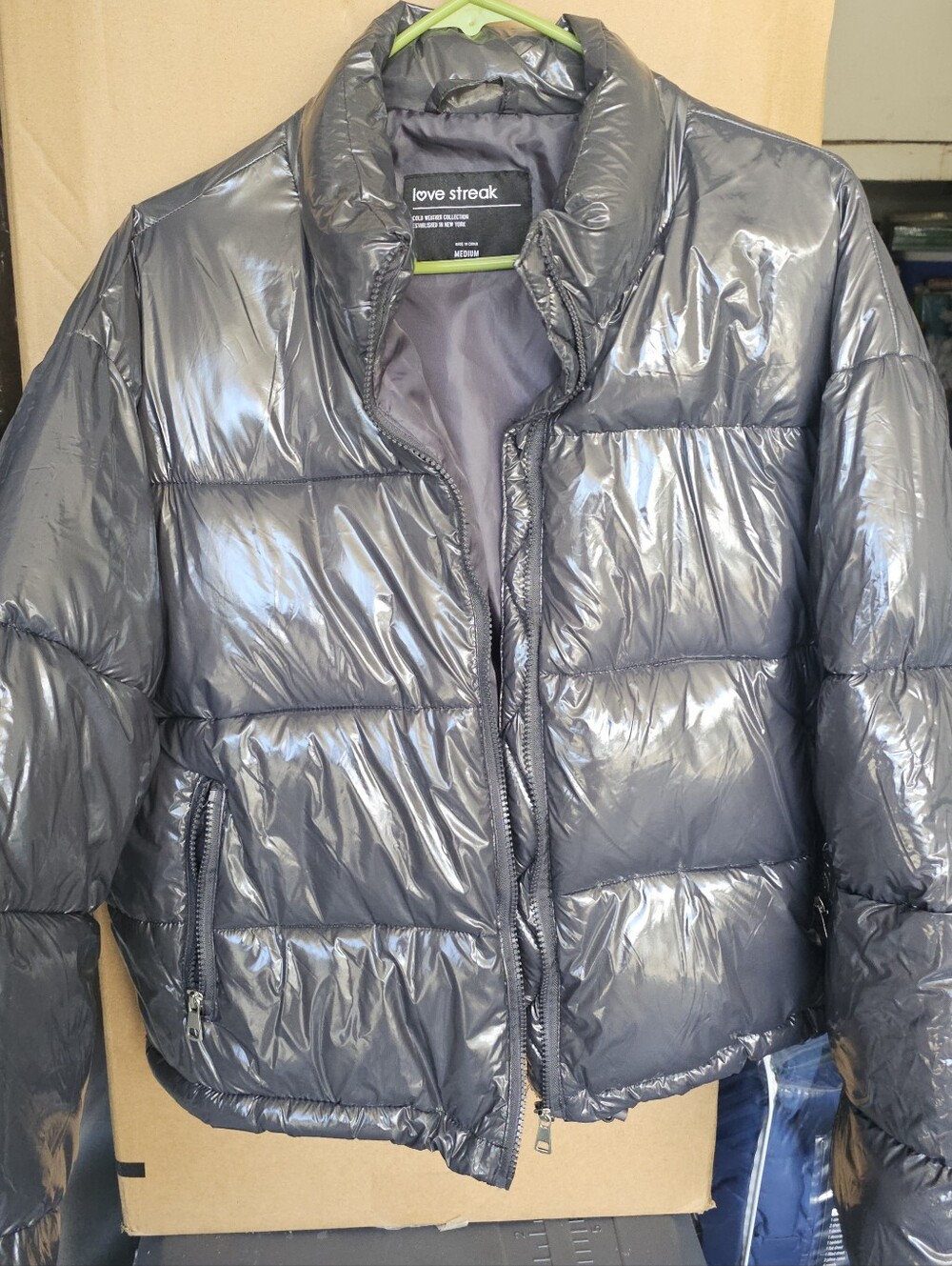 Womens Shiny Puffer Jacket - Dark Gray